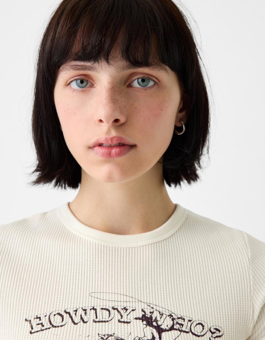 T-shirt manches courtes gaufré imprimé-Écru-2