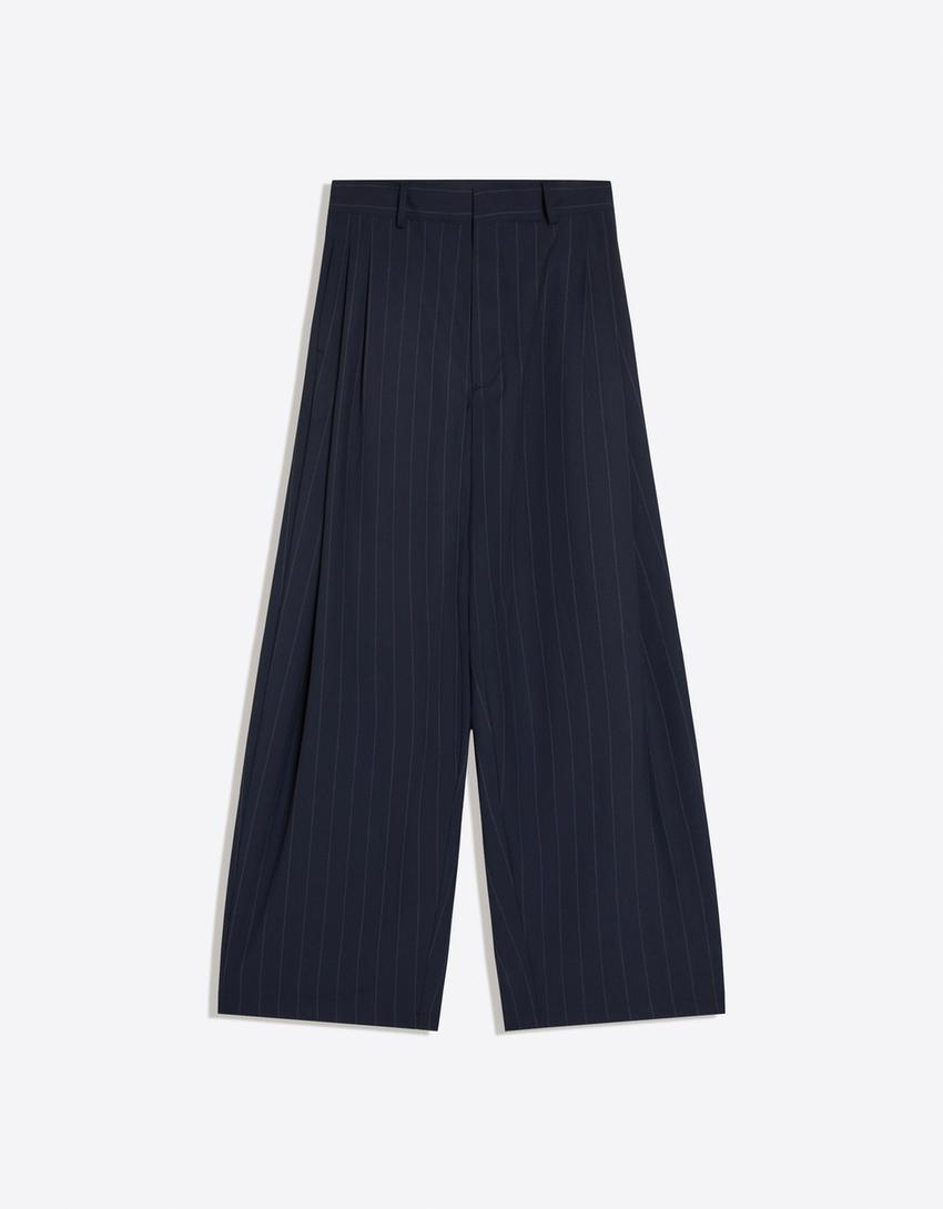 Super baggy fit ince çizgili pensli pantolon-Denizci mavisi