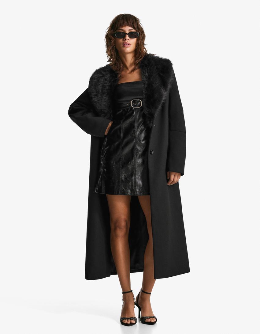Abrigo cuello efecto pelo desmontable-Negro