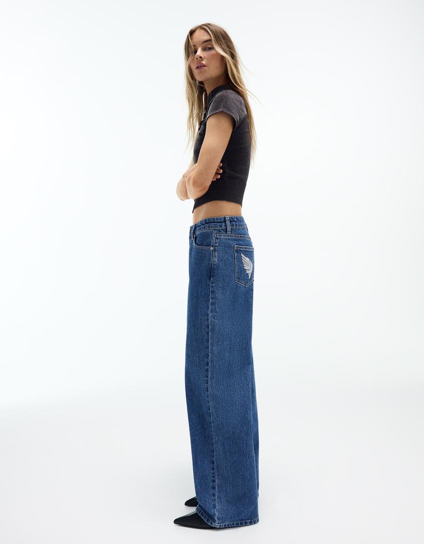 Low-rise straight sequin jeans-Light blue