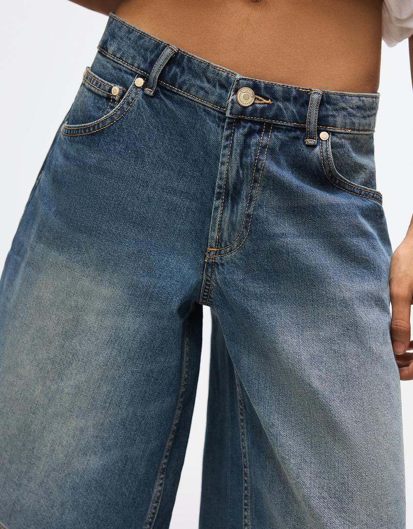 Baggy fit denim bermuda şort-Mavi