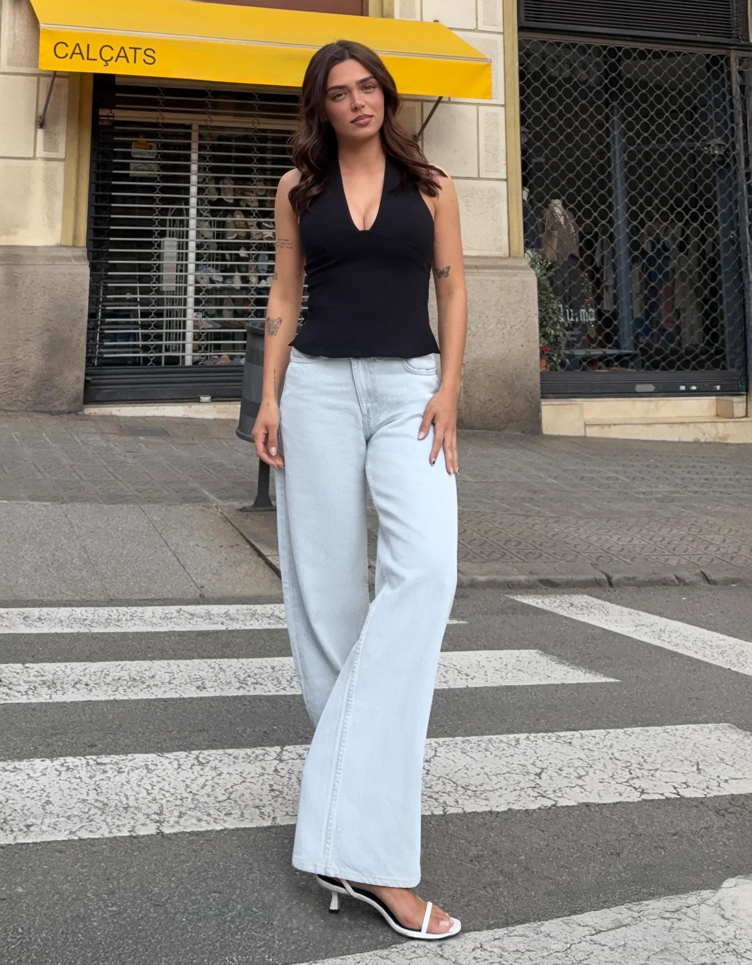 Bershka Jeans Wide Cintura Cruzada Mujer Azul Claro