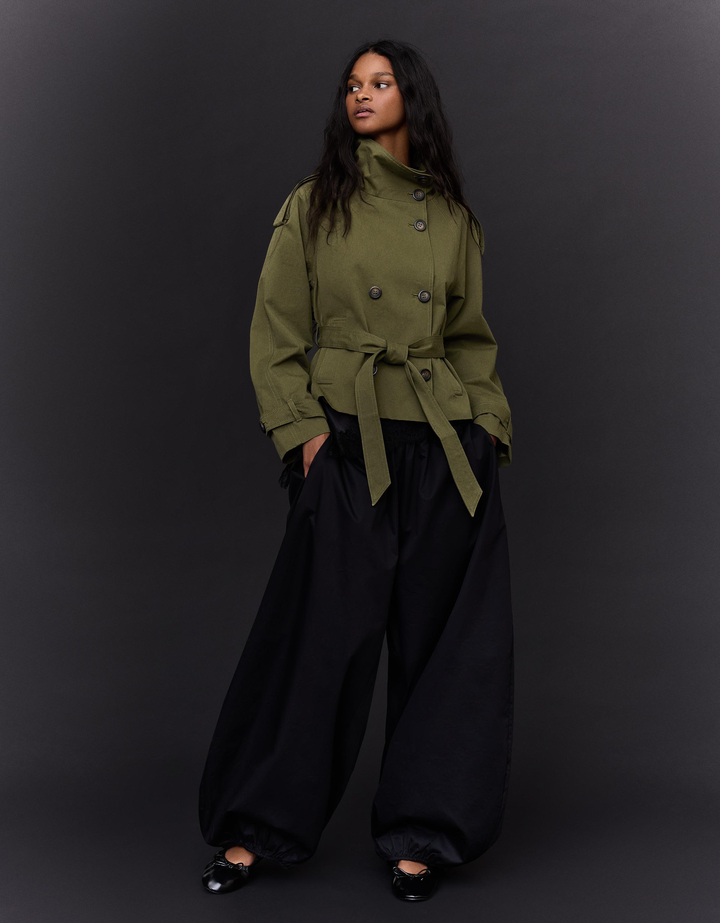 Funnel neck trench jacket — Khaki