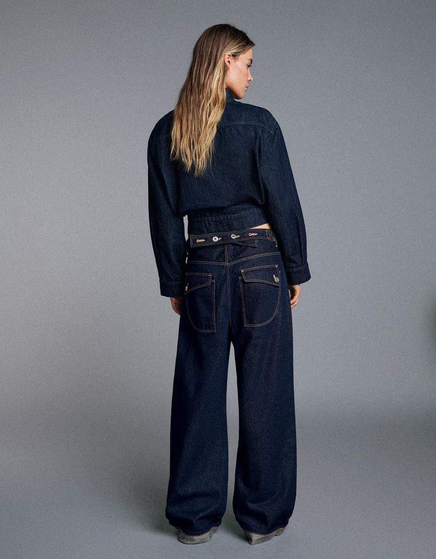 Balloon jeans with back buckle and rips-Navy