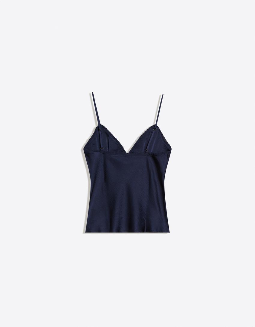 Satintop med blondekant-Marineblå