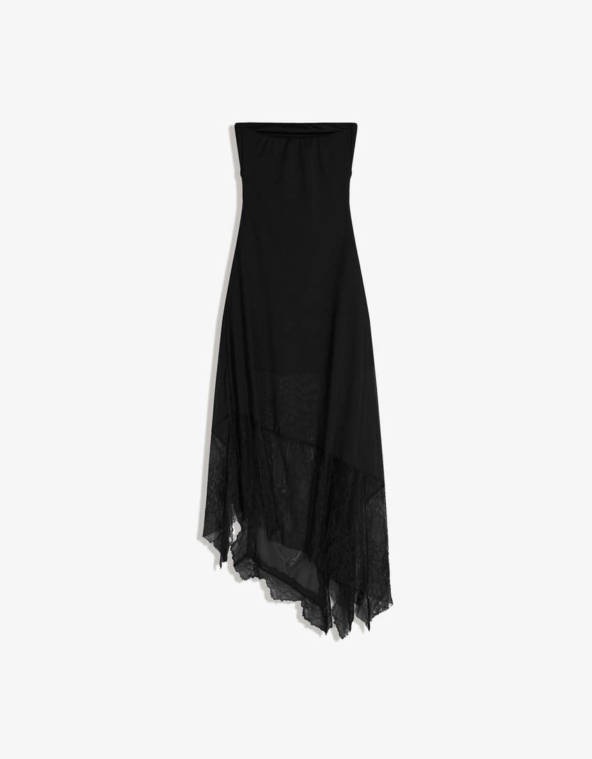 viscose blend slinky sheer lace detail asymmetric knit midaxi dress Ayeshya Slinky Asymmetric Maxi Dress