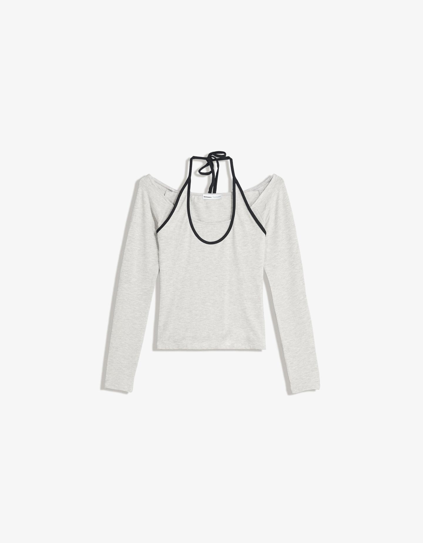 Bershka Camiseta Manga Larga Cuello Halter Mujer M Gris