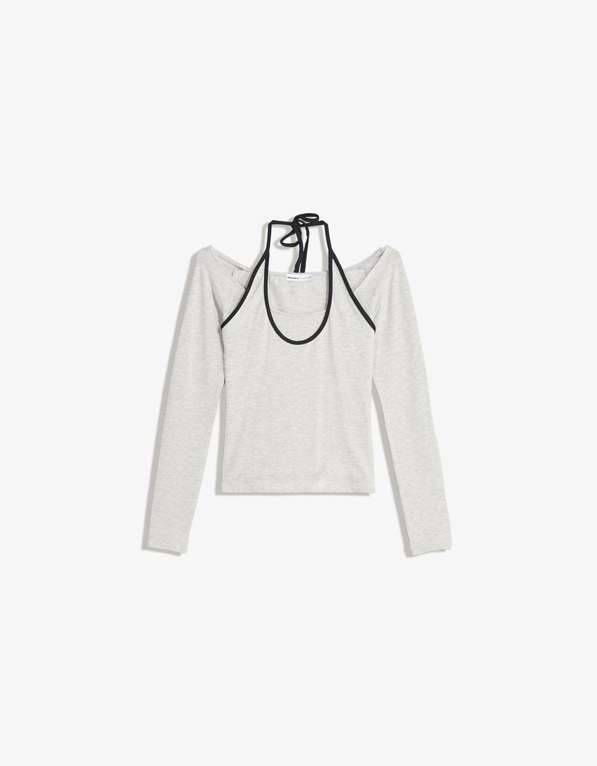 Camiseta manga larga cuello halter-Gris-0