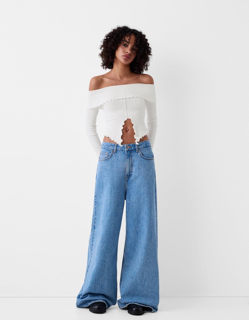 سويتر بياقة باردو وأكمام طويلة-أبيض مطفي-3