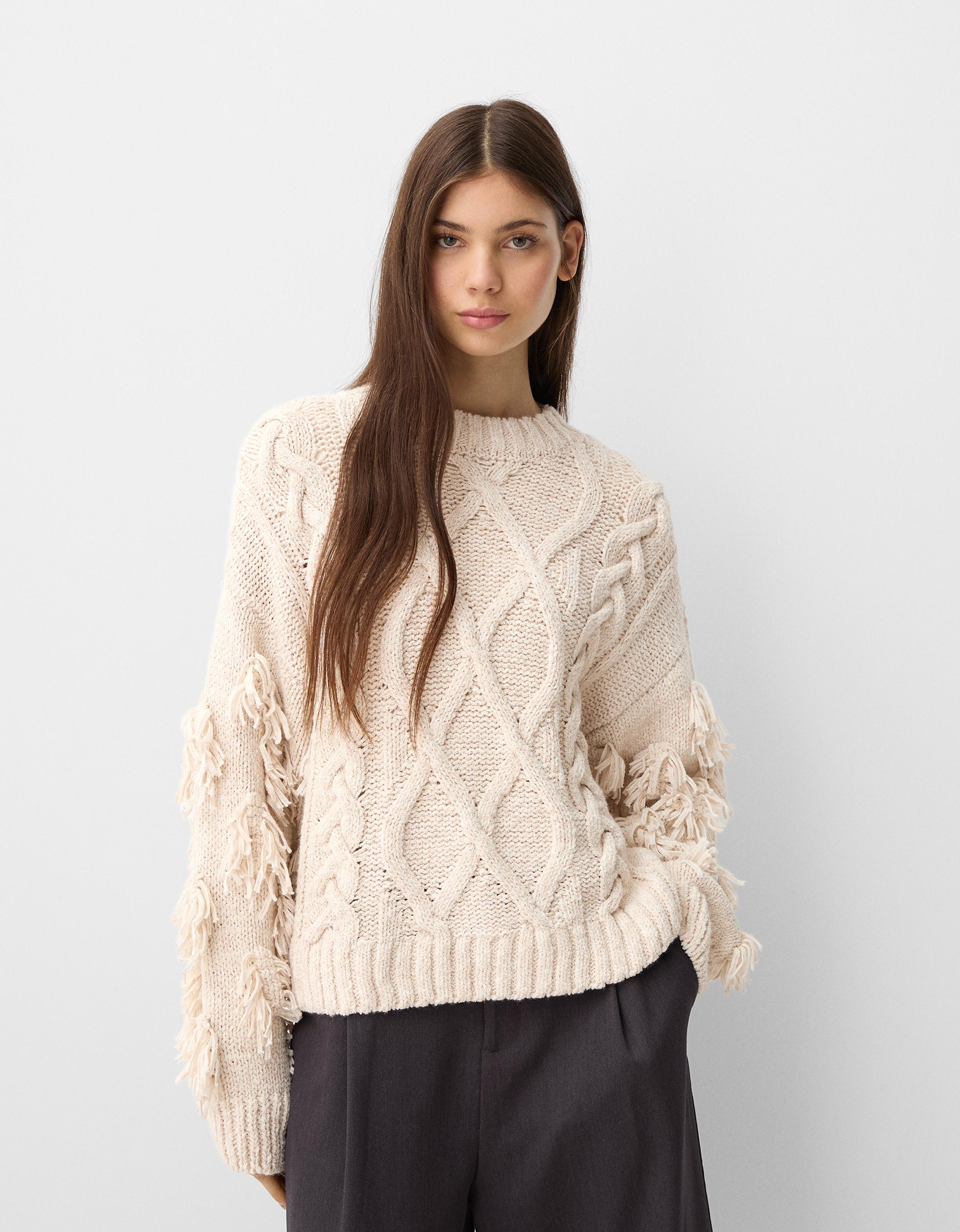 Bershka Pullover Mit Rundausschnitt Und Flechtmuster Damen Xs-S Sandfarbe