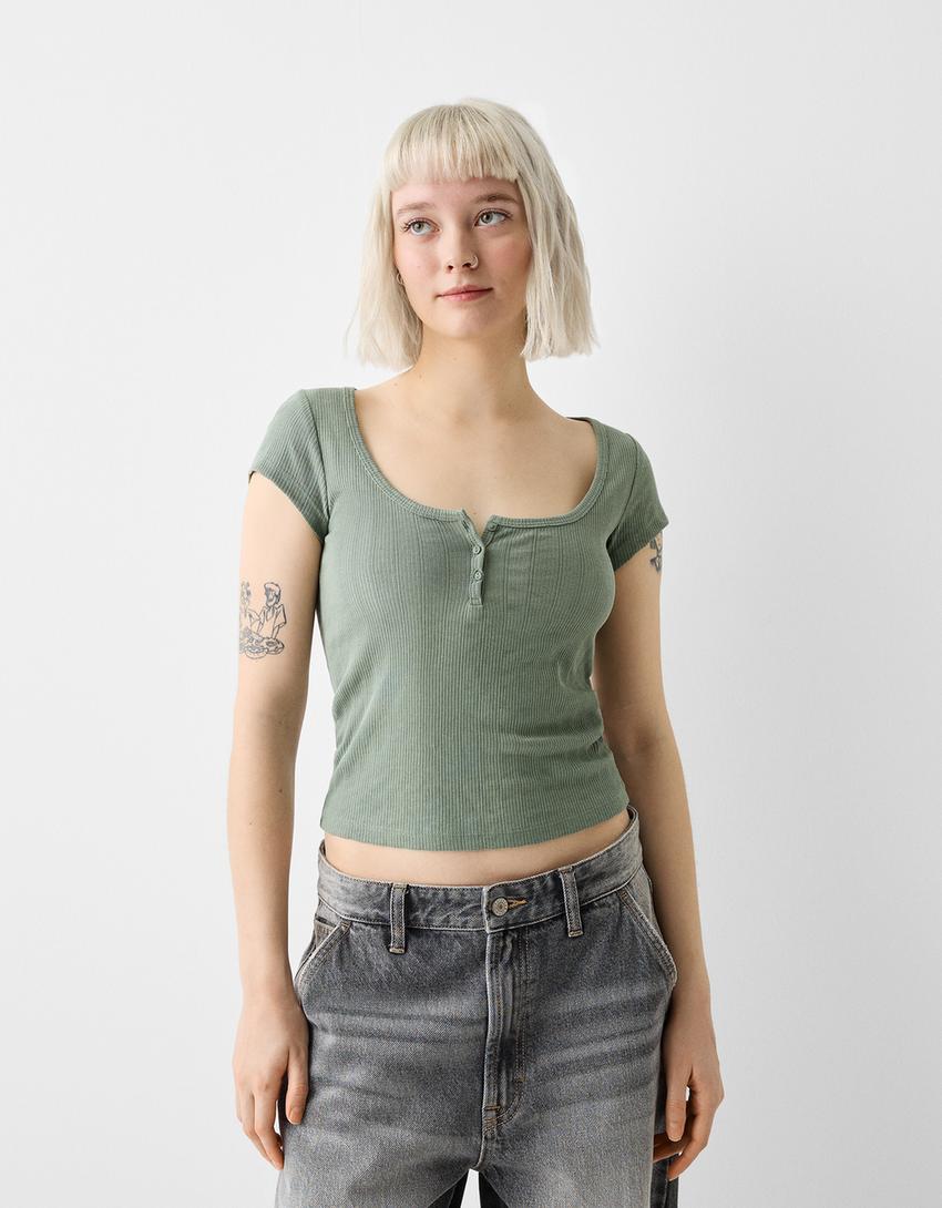 T-shirt manches courtes maille pointelle-Kaki-0