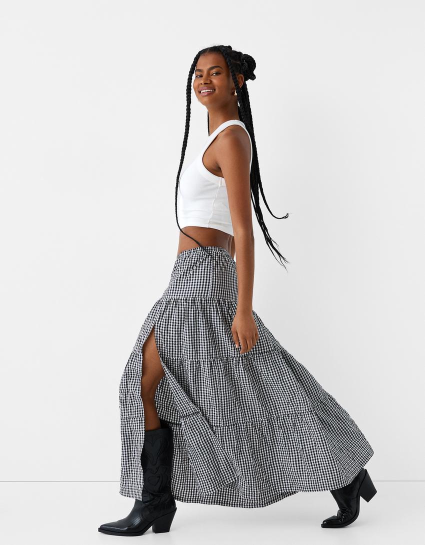 تنورة متوسطة الطول بطبعة مربعات-أبيض / أسود-3
