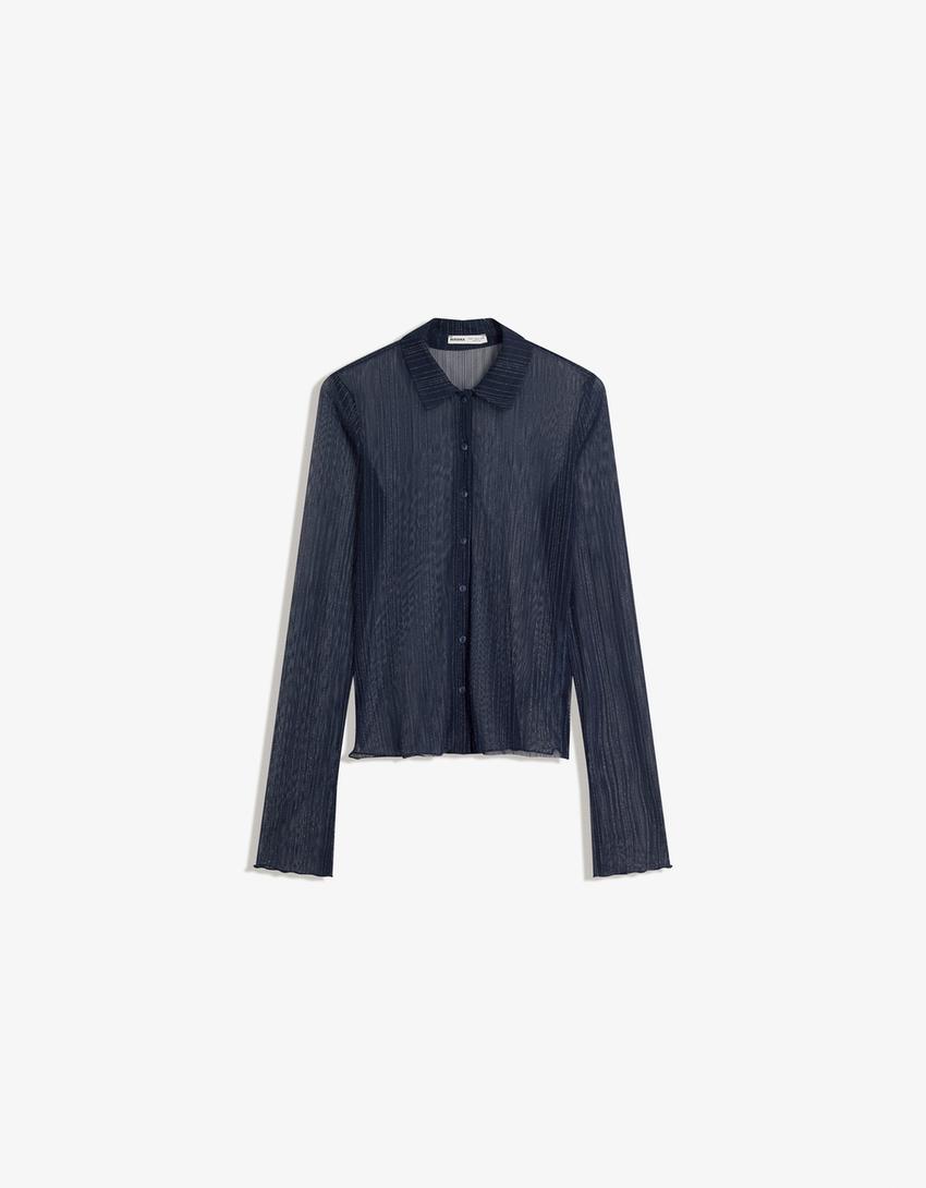 Long-sleeve tulle T-shirt with rhinestones-Navy