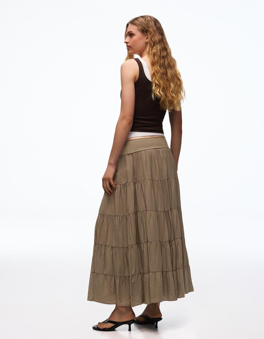 Midi skirt with fold-over waist-Khaki