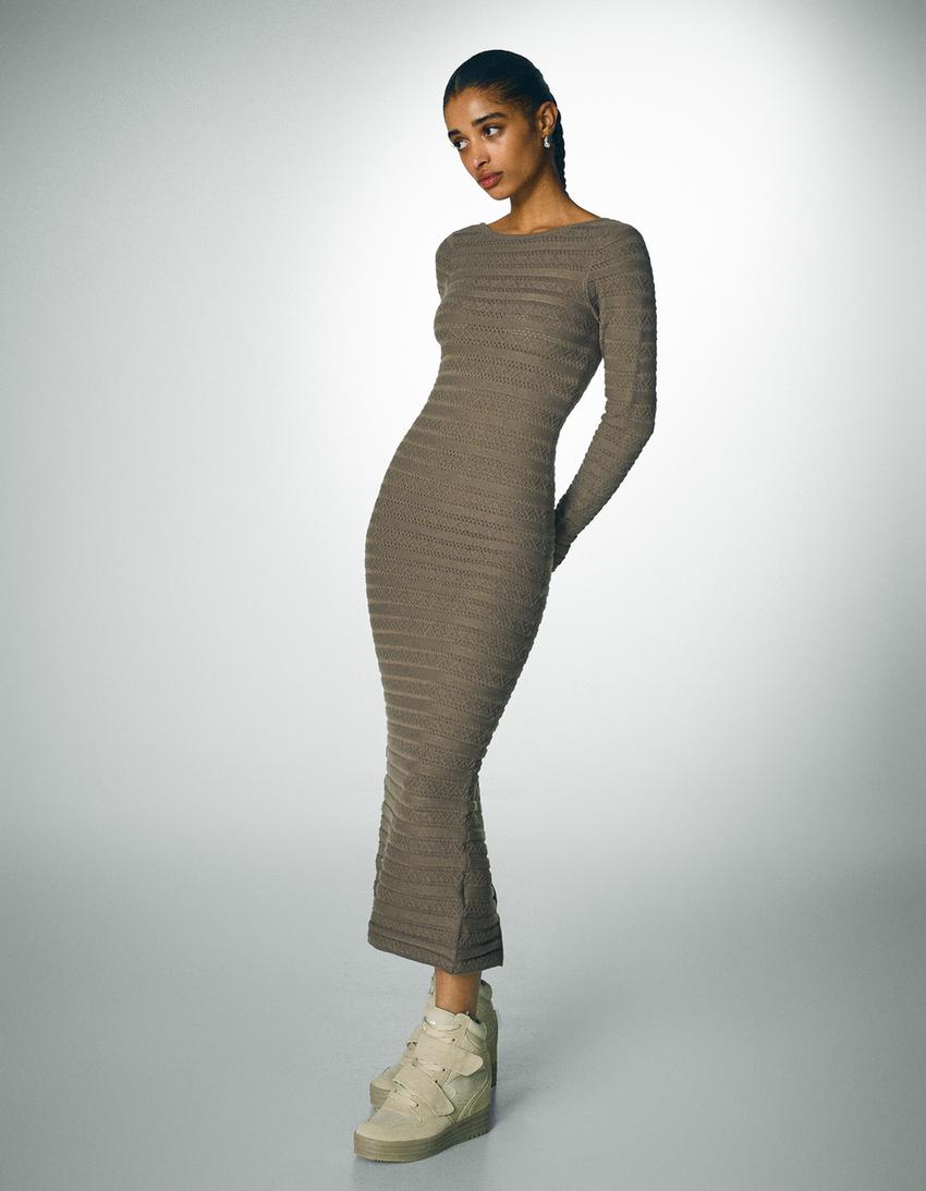 Textured midi dress-Brown-1