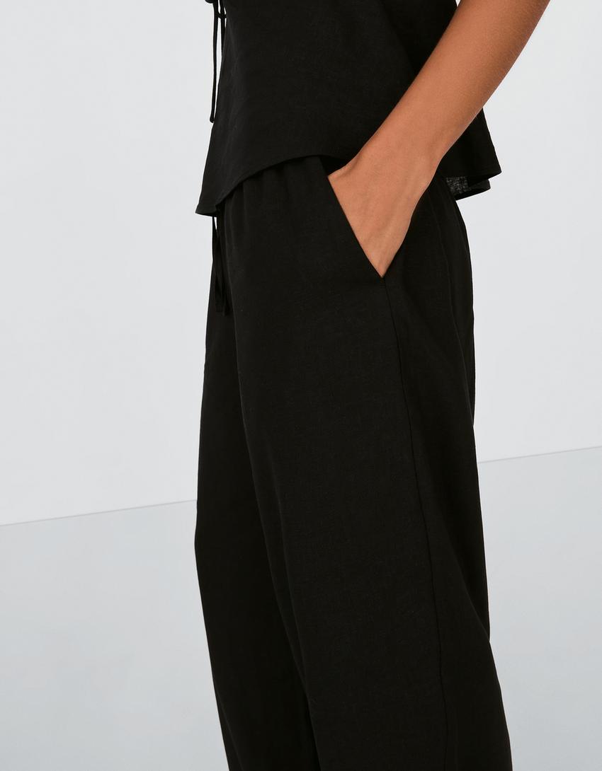 Pantalon droit taille élastique-Noir