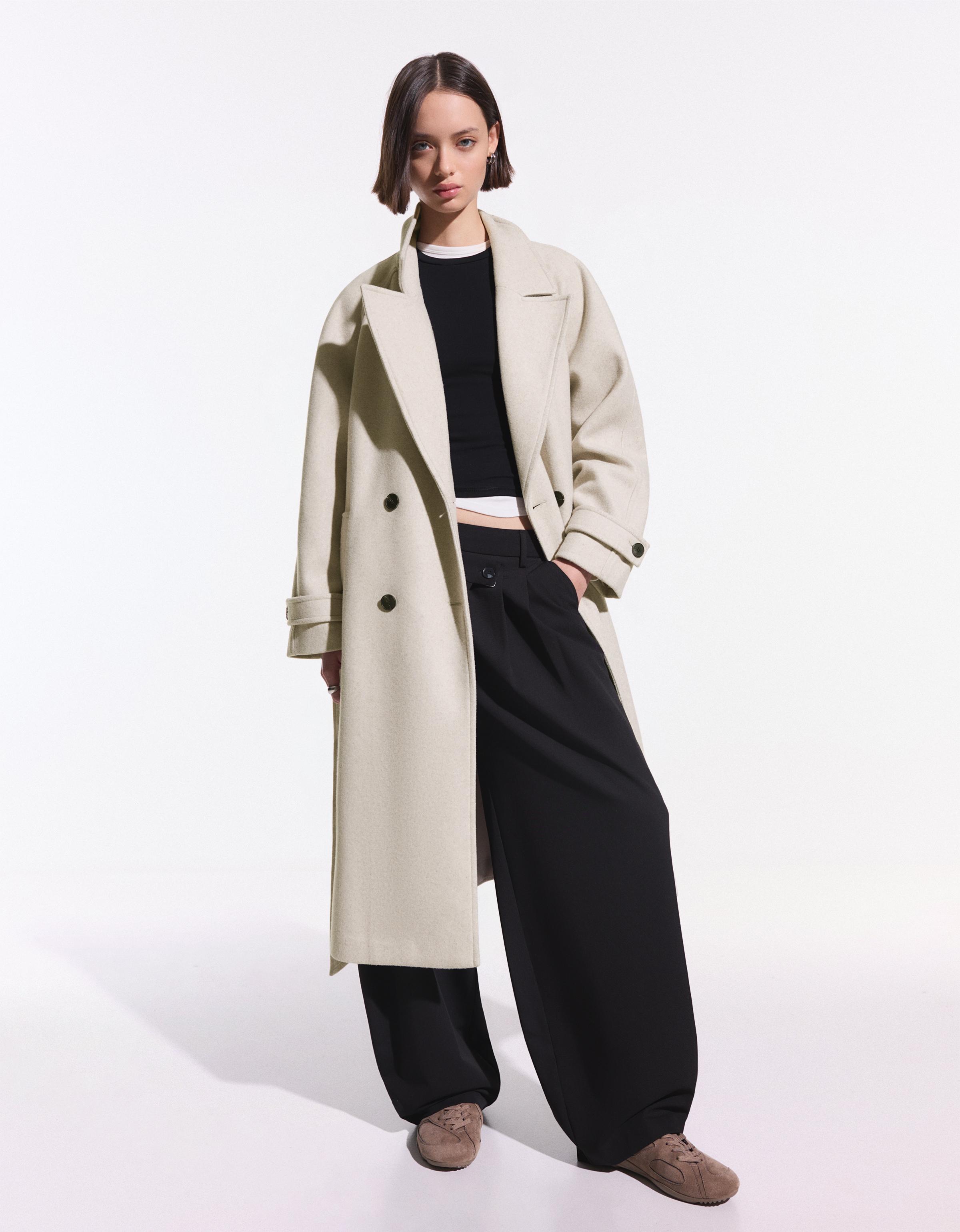 Bershka Weicher Trenchcoat Mit Gürtel Damen Xs Sandfarbe