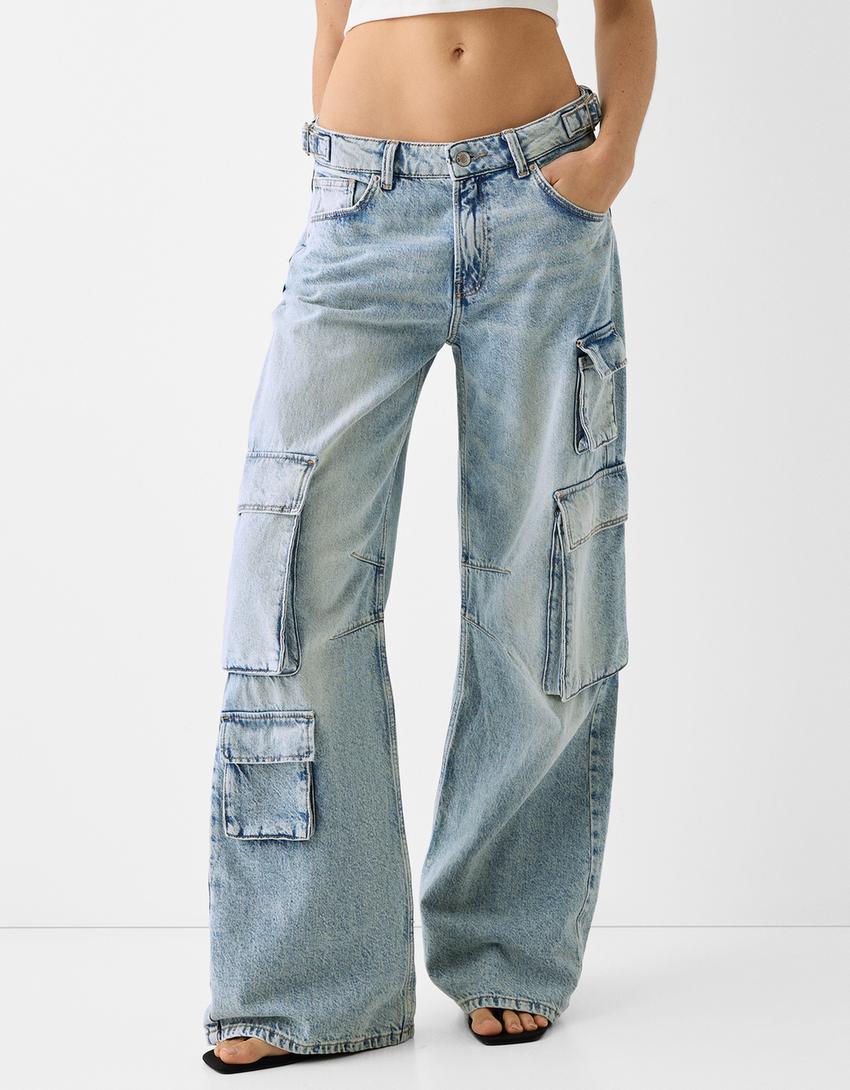 بنطال جينز كارغو متعدد الجيوب-أزرق فاتح-1