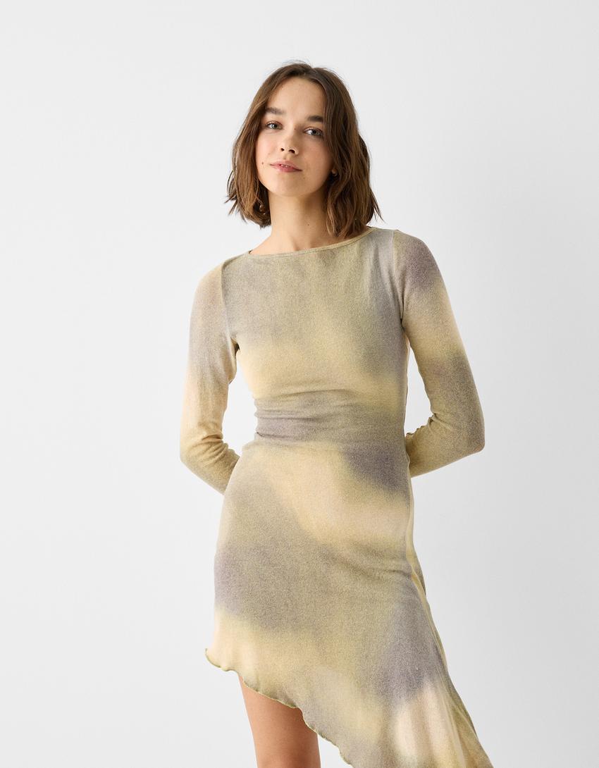 Vestido midi manga comprida assimétrico tie-dye-Verde-1