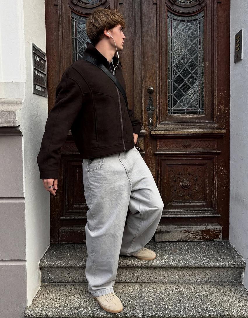 Veste en drap col contrastant-Marron