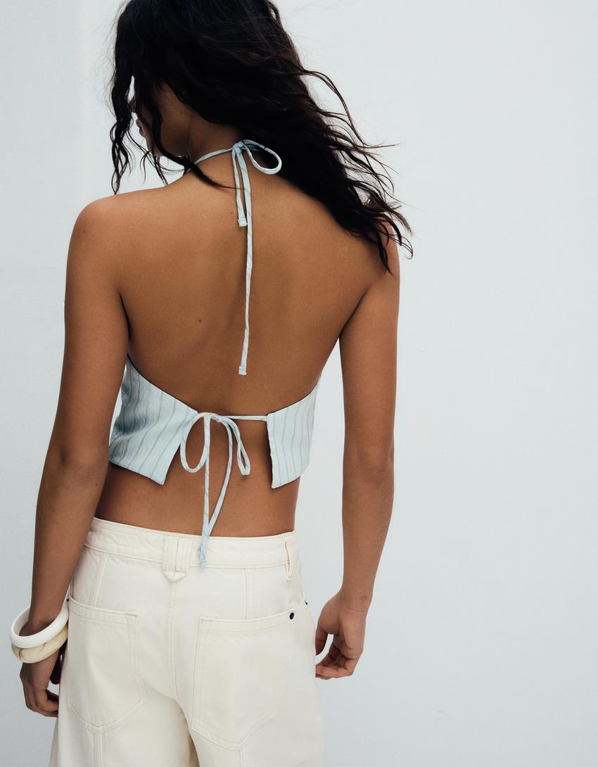 Striped halter vest-Light blue