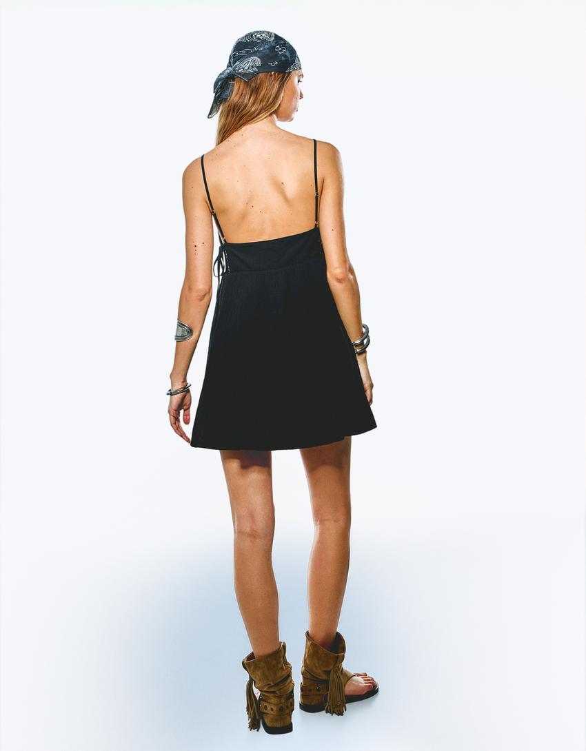 Textured mini dress with lace trim-Black