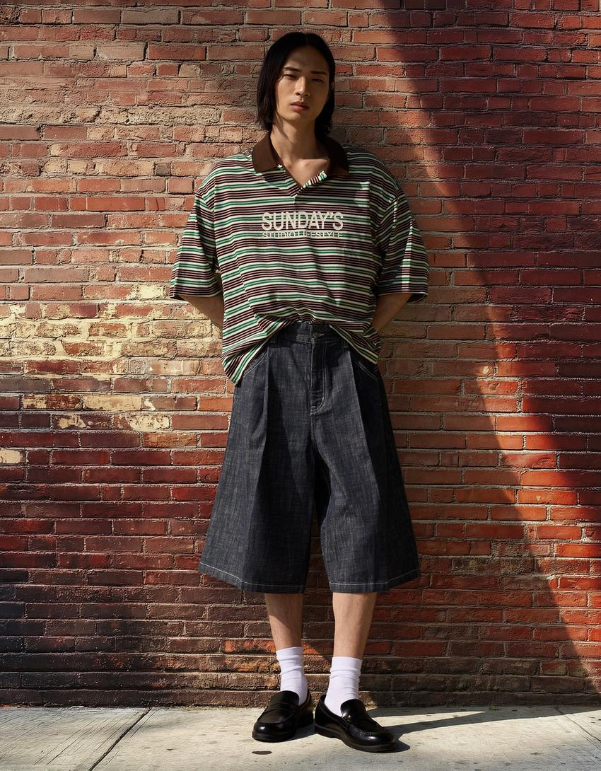 Embroidered stripe short sleeve polo shirt-Brown