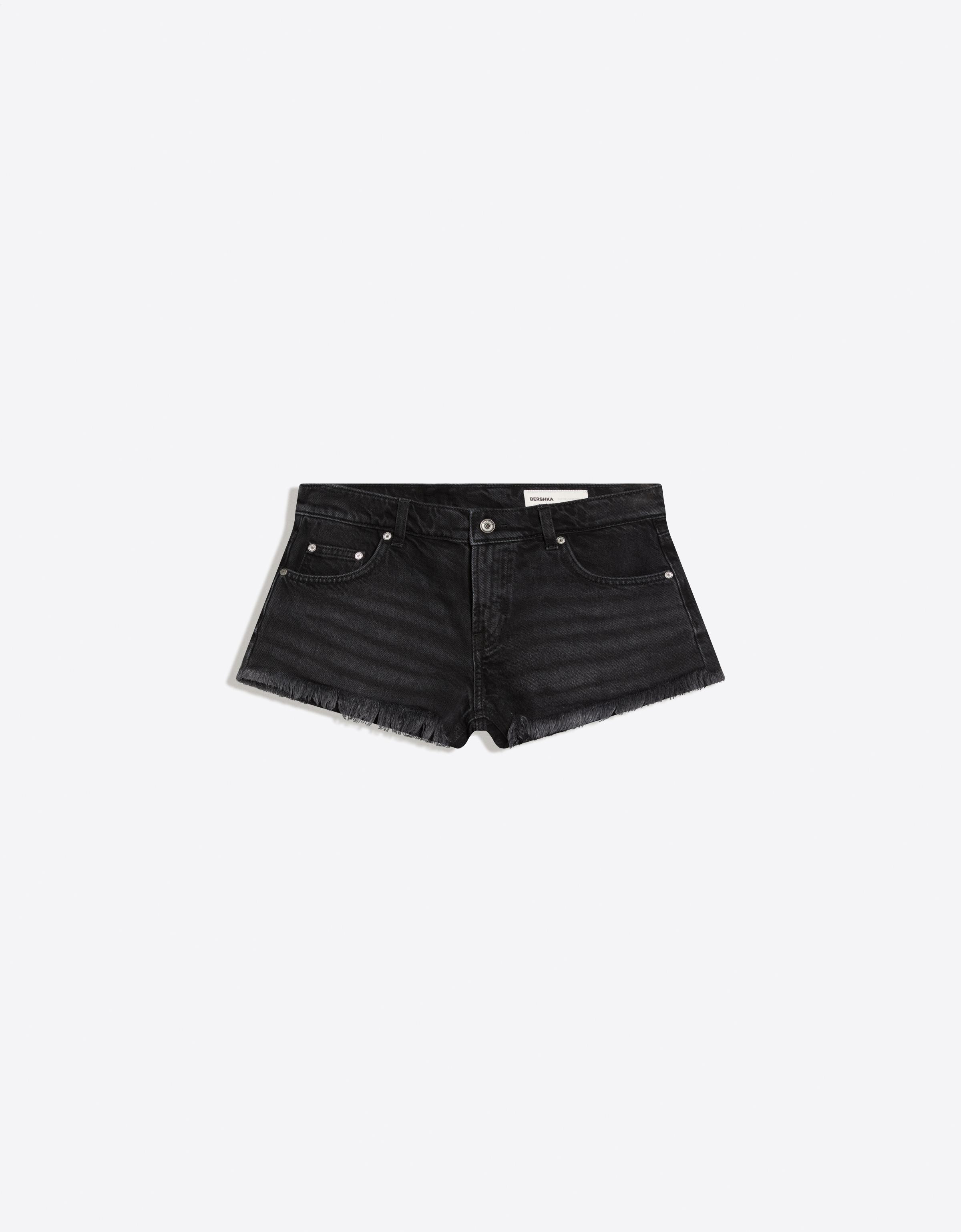 Denim mini shorts with frayed hem — Black