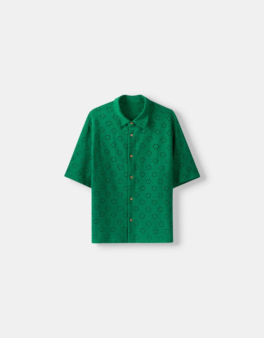 قميص بحياكة مفتوحة وأكمام قصيرة-أخضر-5