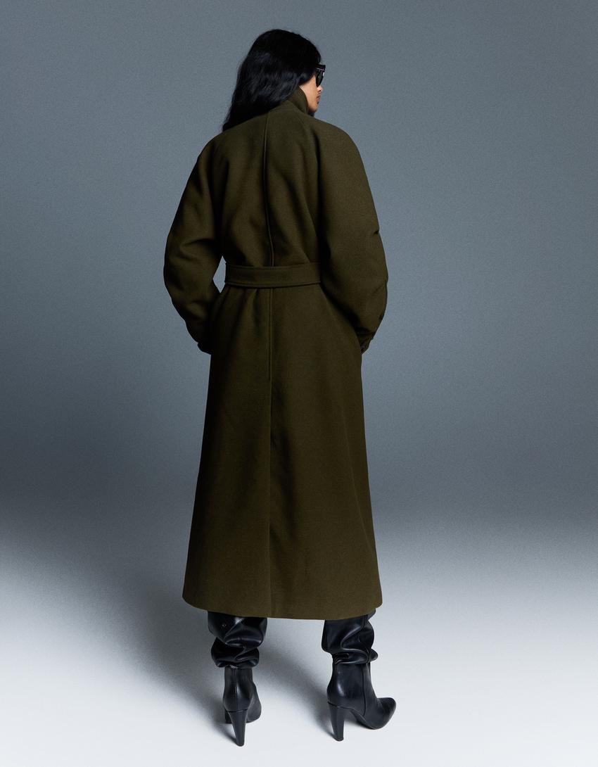 Cappotto in lana oversize con cintura-Kaki