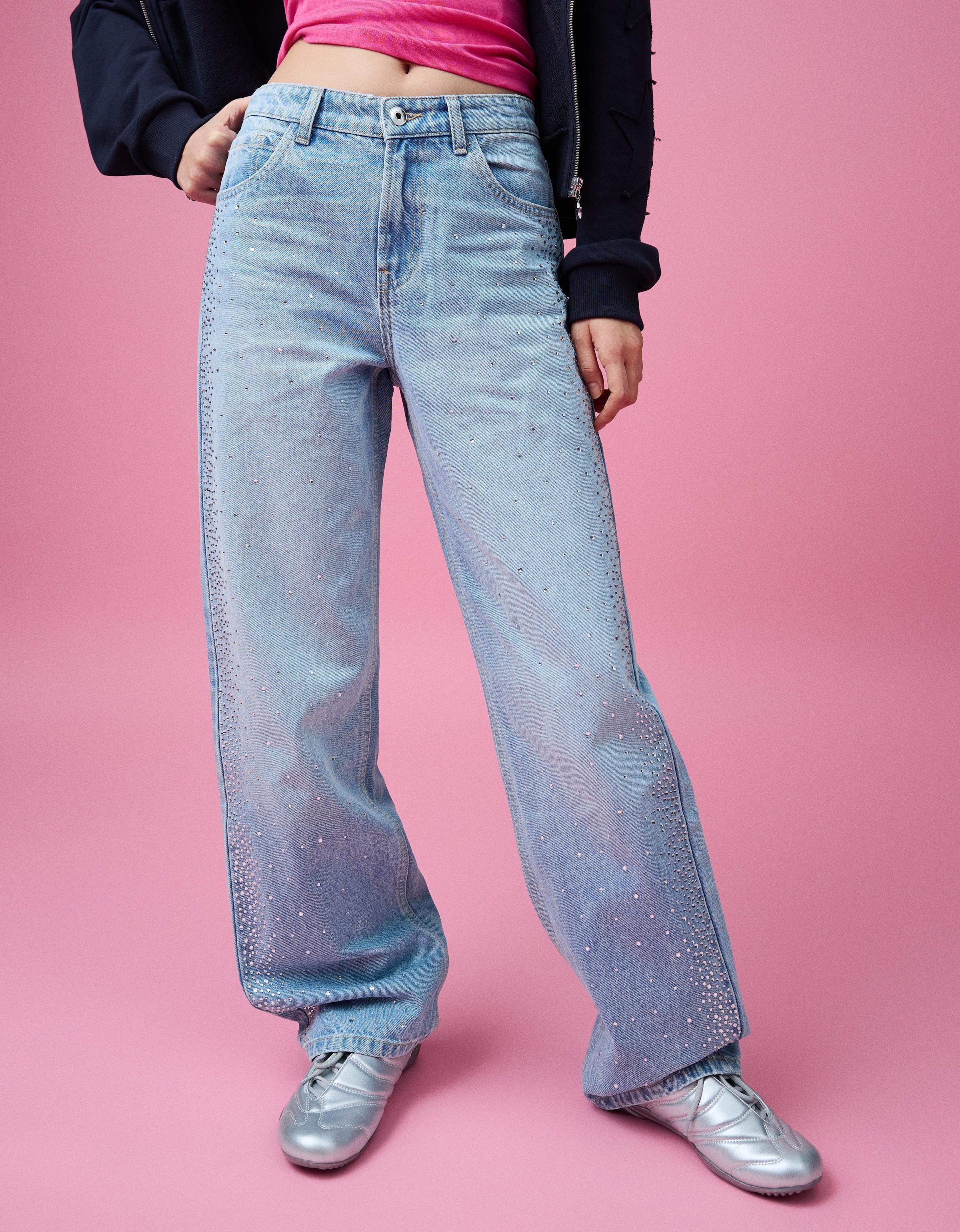 Yüksek bel straight fit geniş paça parlak jean - Görsel 33