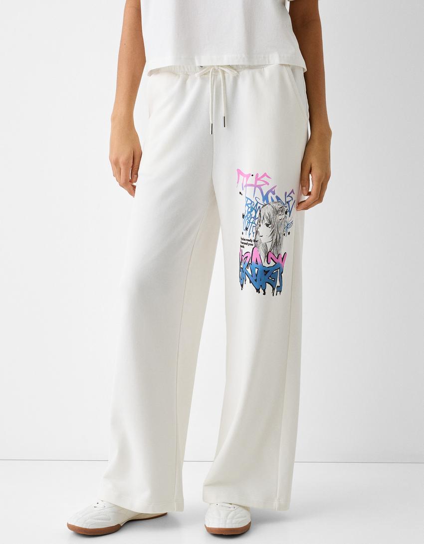 Pantalon wide leg imprimé graffiti-Blanc cassé-1