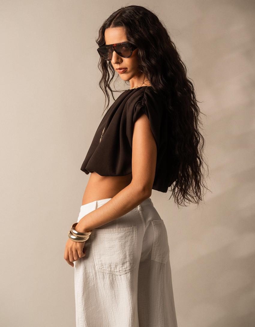 Düşük bel wide leg balloon fit jean-Krem