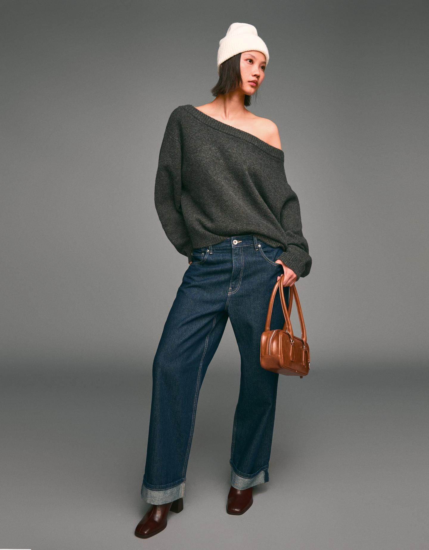 Bershka sweter typu hiszpanka z prążkowanej dzianiny szary