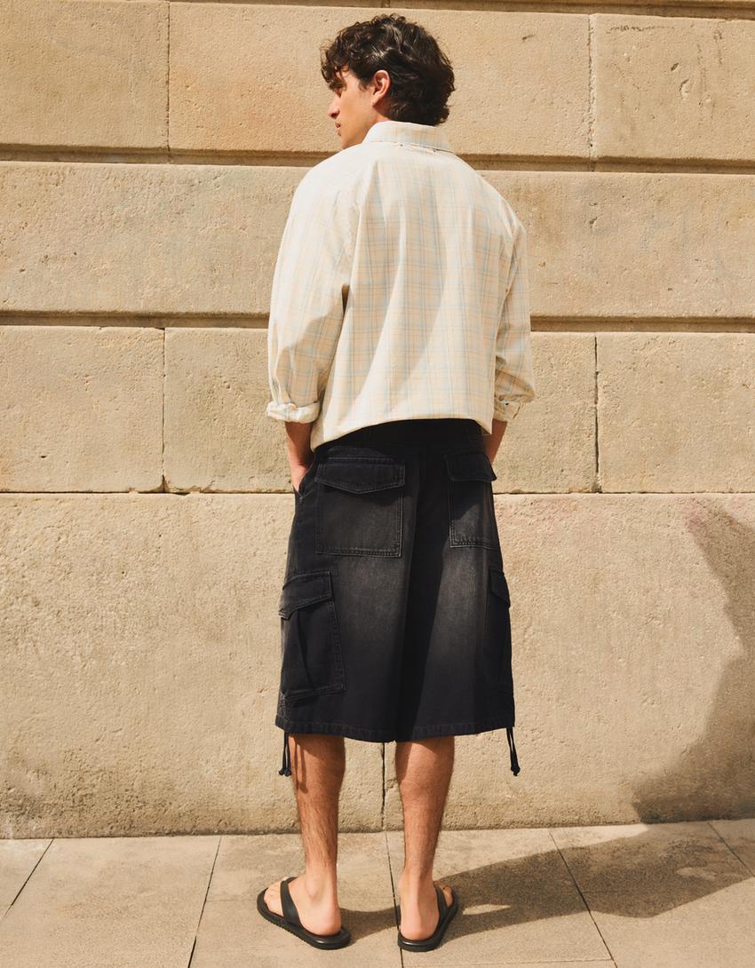 Bermuda jeans cargo parachute-Preto