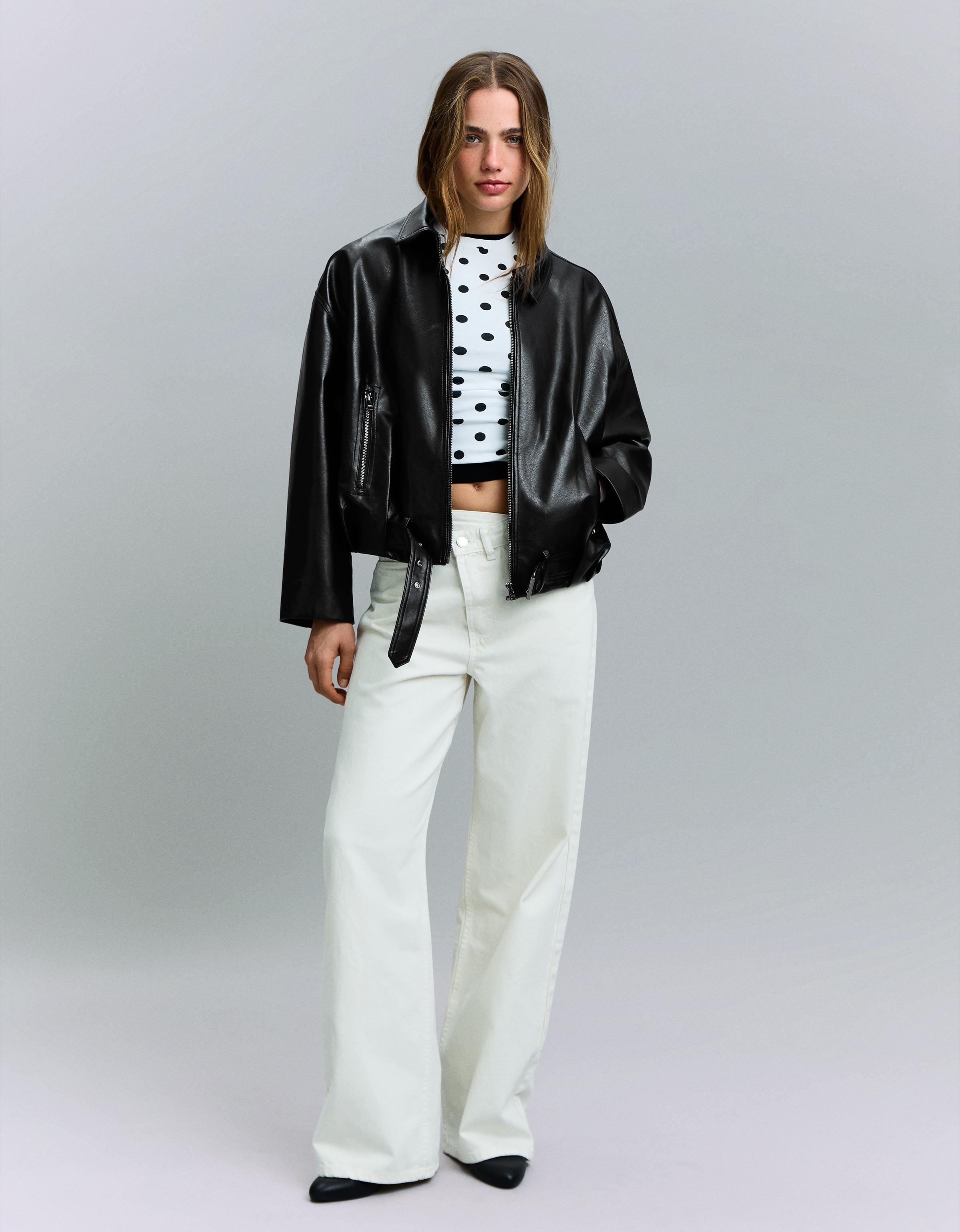 Leather effect bomber jacket with belt — Black