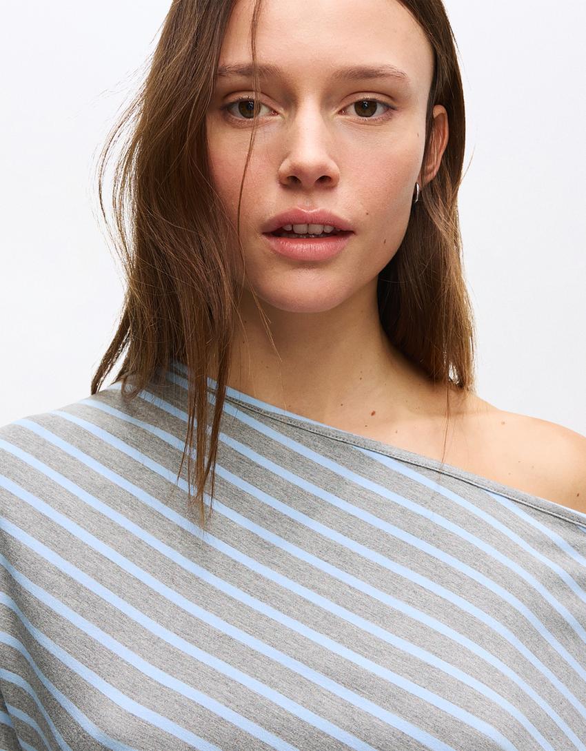 Camiseta de manga curta assimétrica-Azul