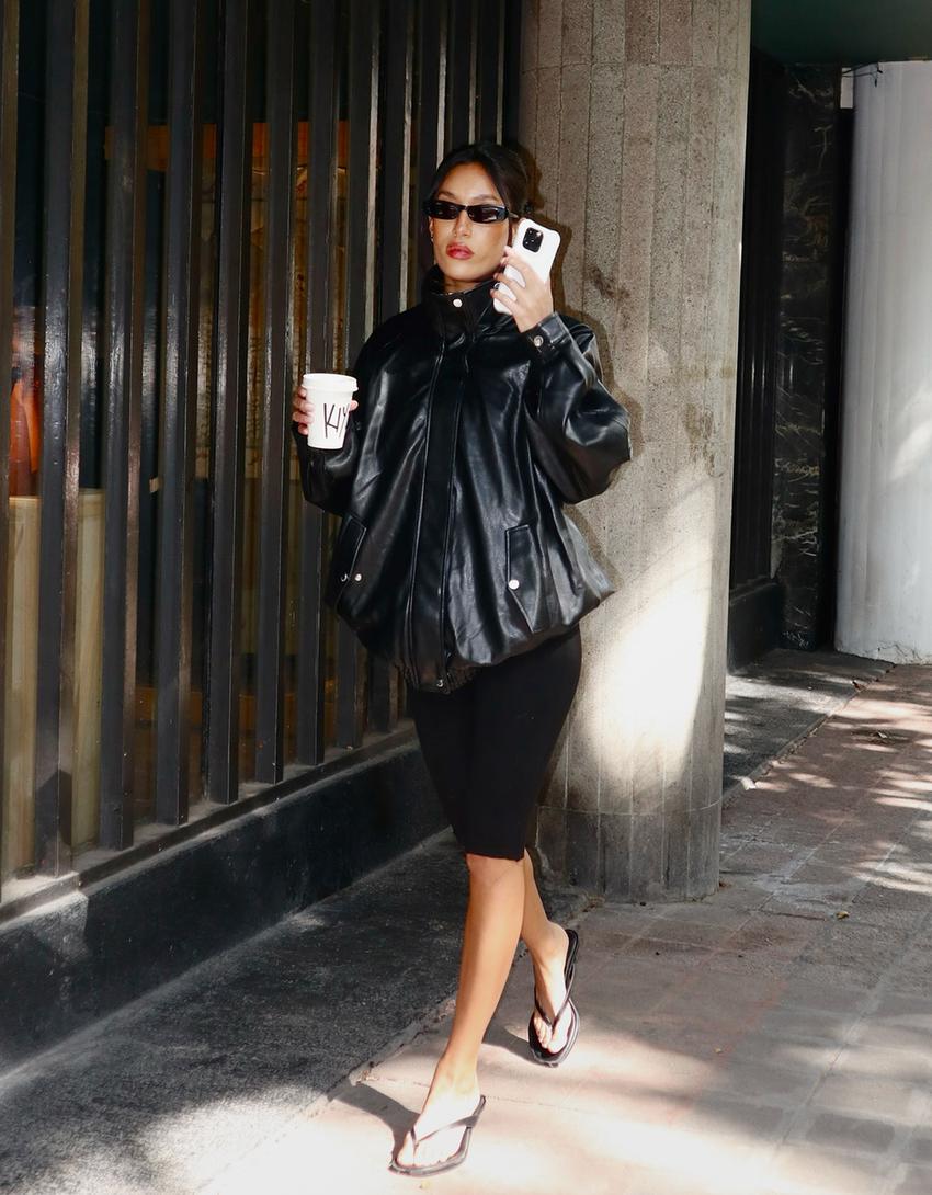 Oversize leather effect jacket-Black
