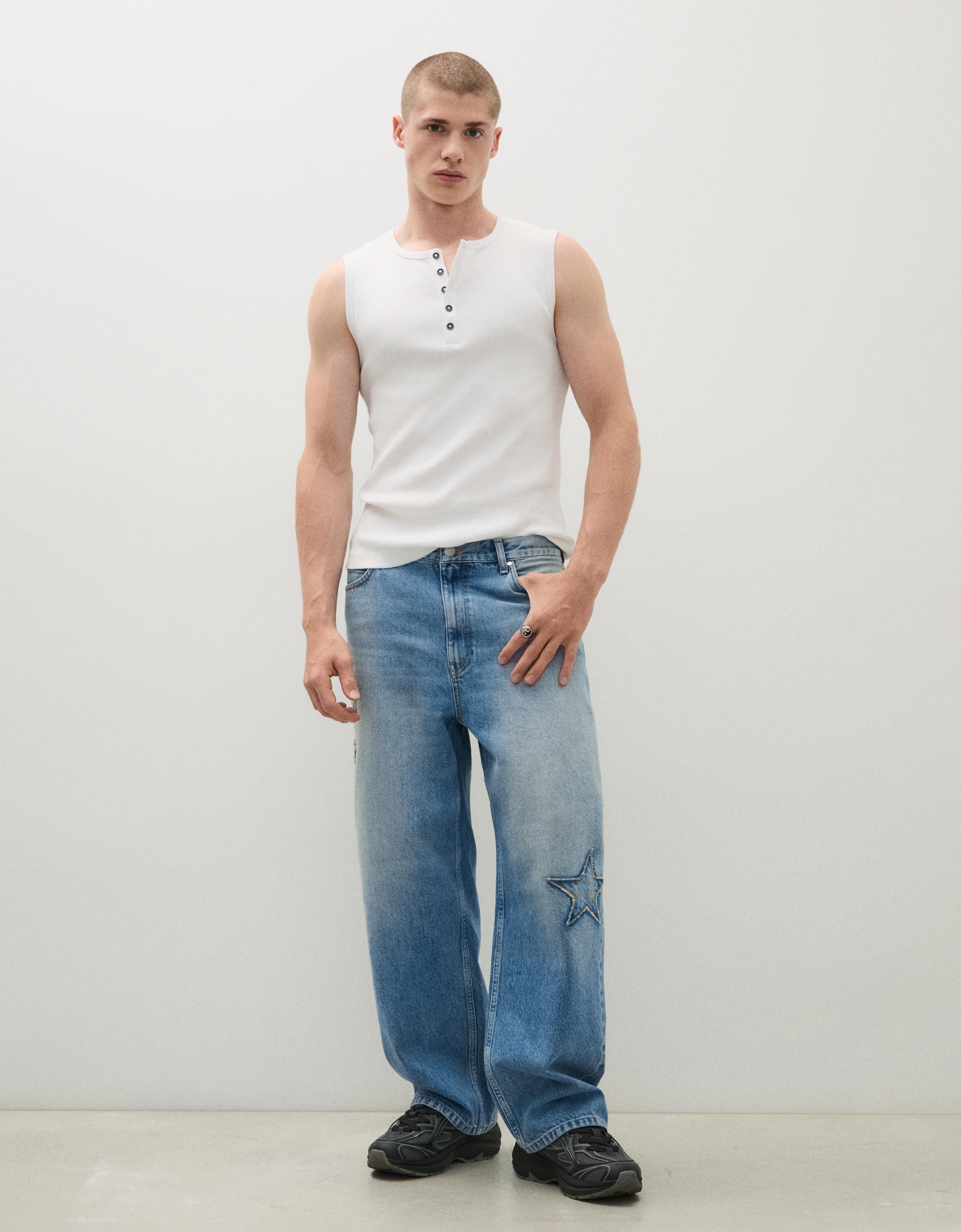 Bershka Jeans Baggy Parches Estrellas Hombre Azul Lavado