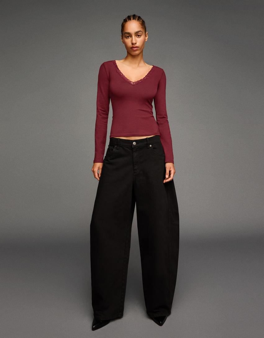 Long sleeve lace T-shirt-Burgundy