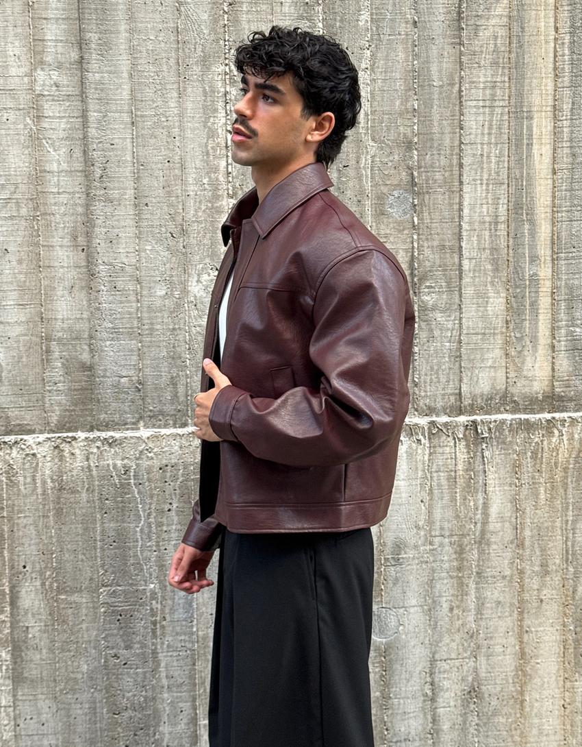 Suni deri boxy fit ceket-Bordo