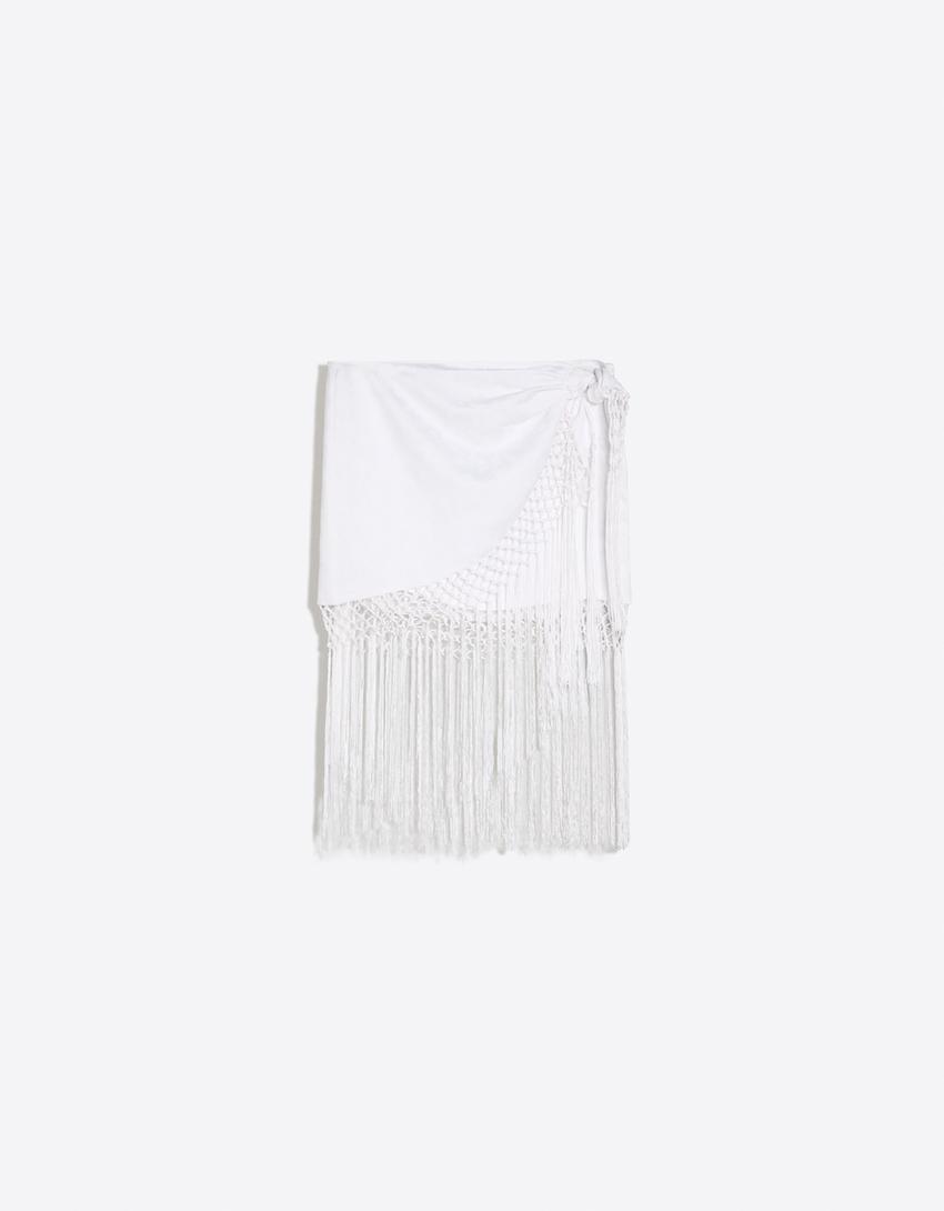 Minijupe jacquard à franges-Blanc