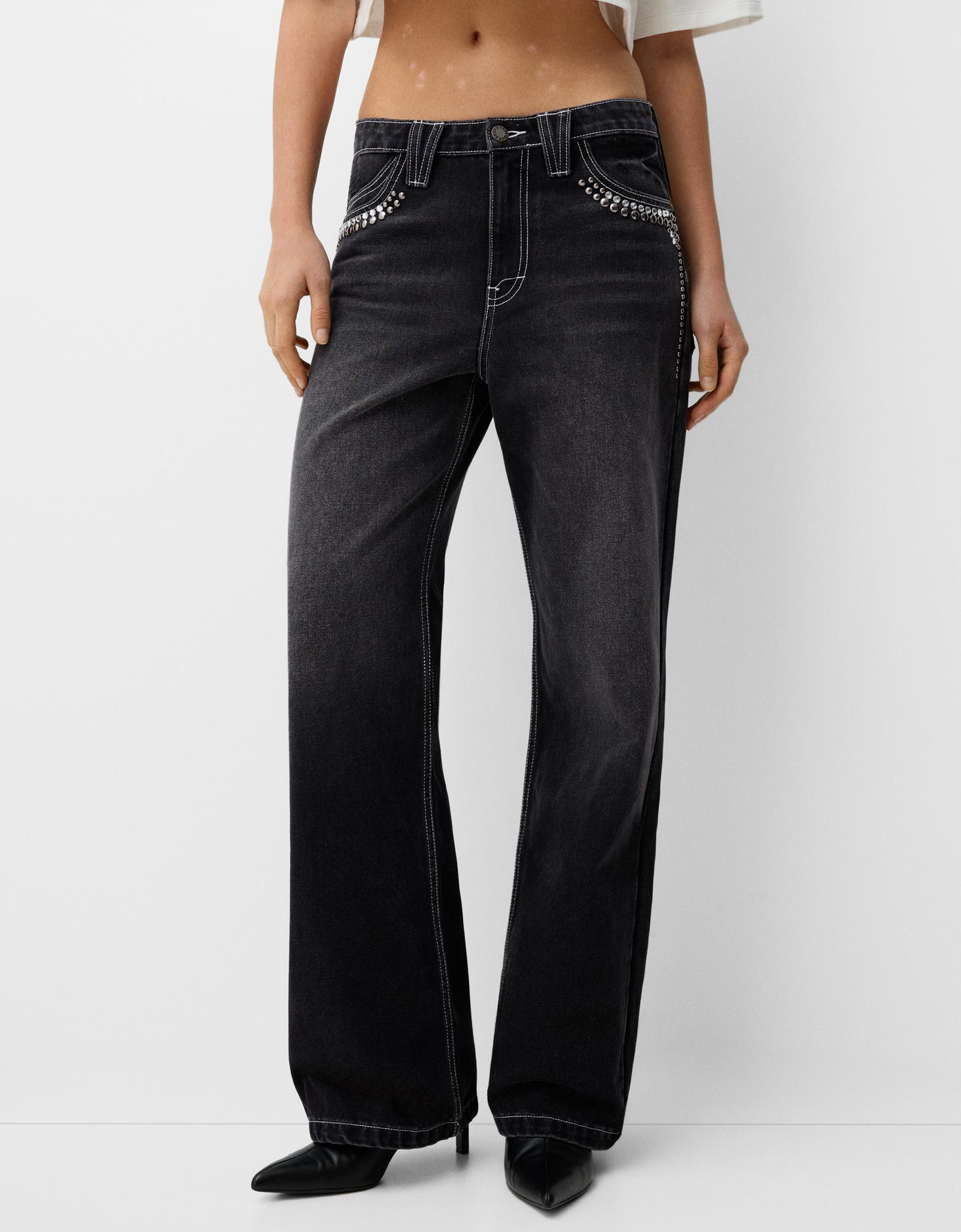 Bershka Jeans 90'S Wide Tachas Mujer 34 Negro