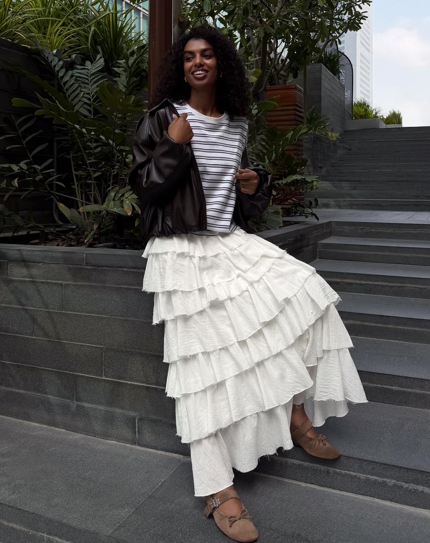 Rustic ruffle midi skirt-Off white