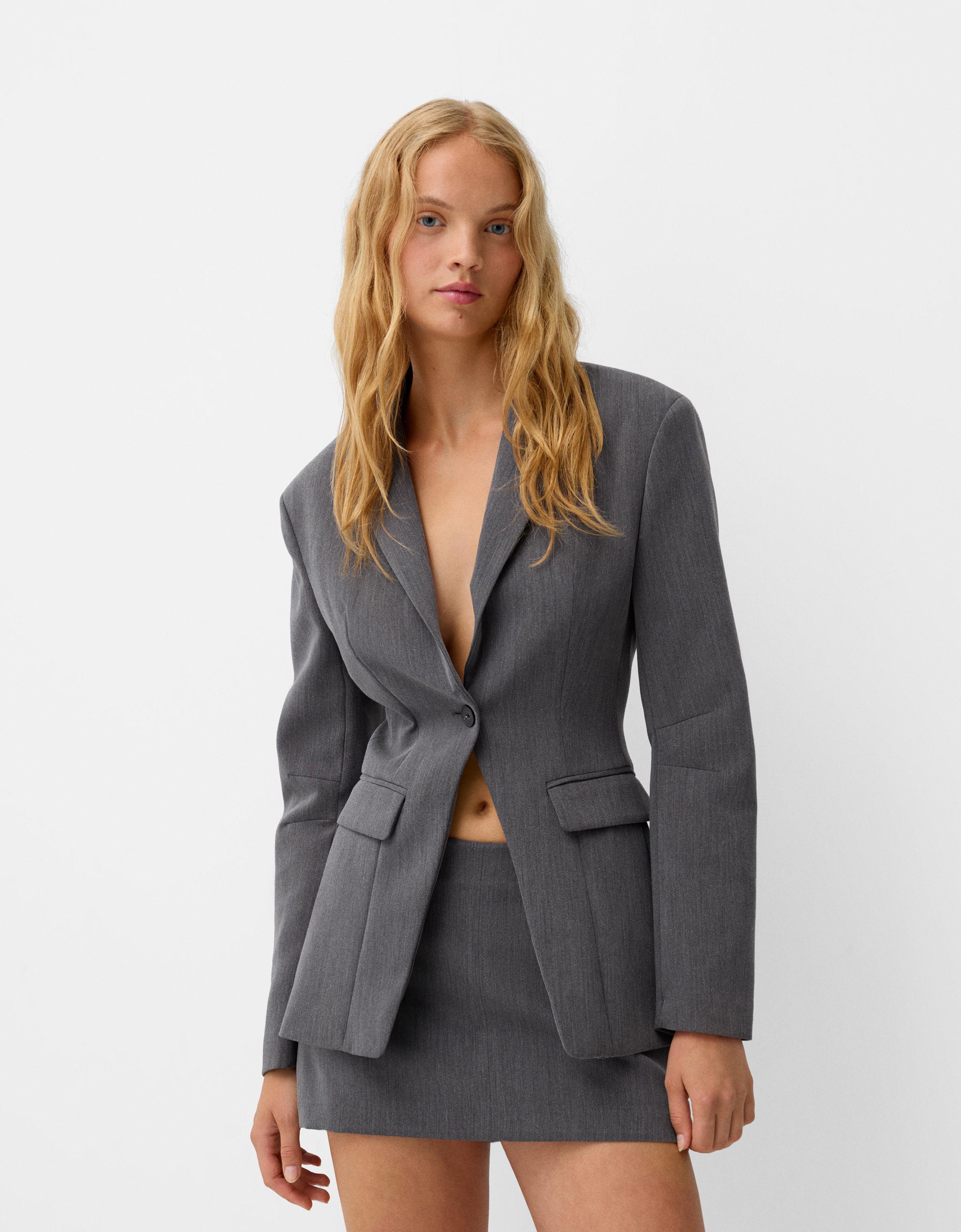 Bershka Figurbetonter Blazer Mit Taschen Damen Xs Grau