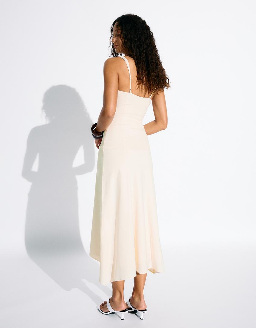 Robe midi à volants froncés-Écru