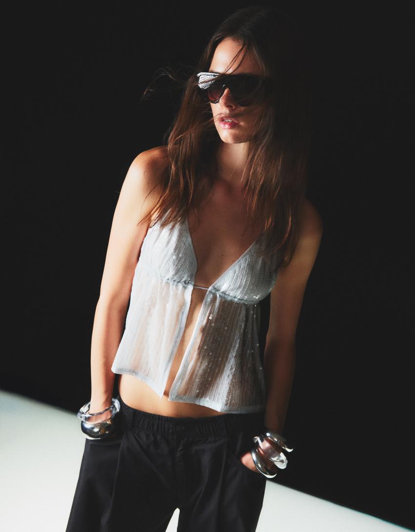 Sequined halter neck top-Stone