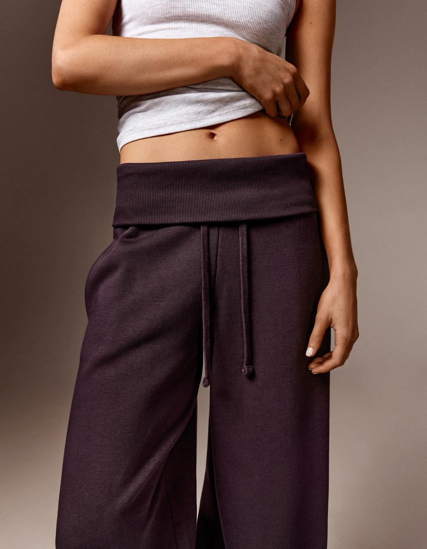 Pantaloni barrel in felpa con vita risvoltata-Viola