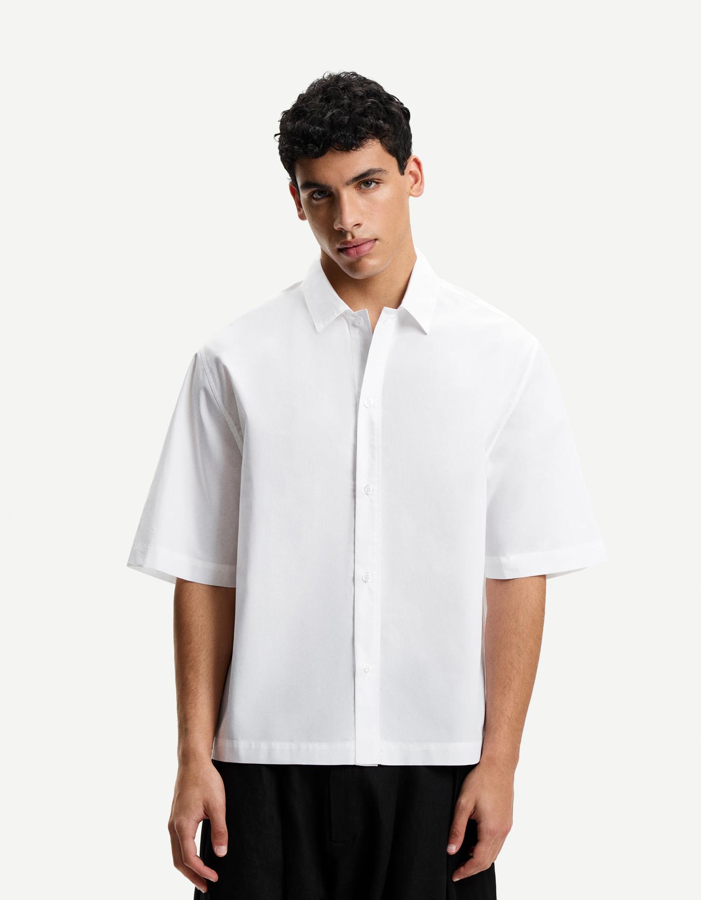 Bershka Camisa Manga Corta Boxy Popelin Hombre L Blanco