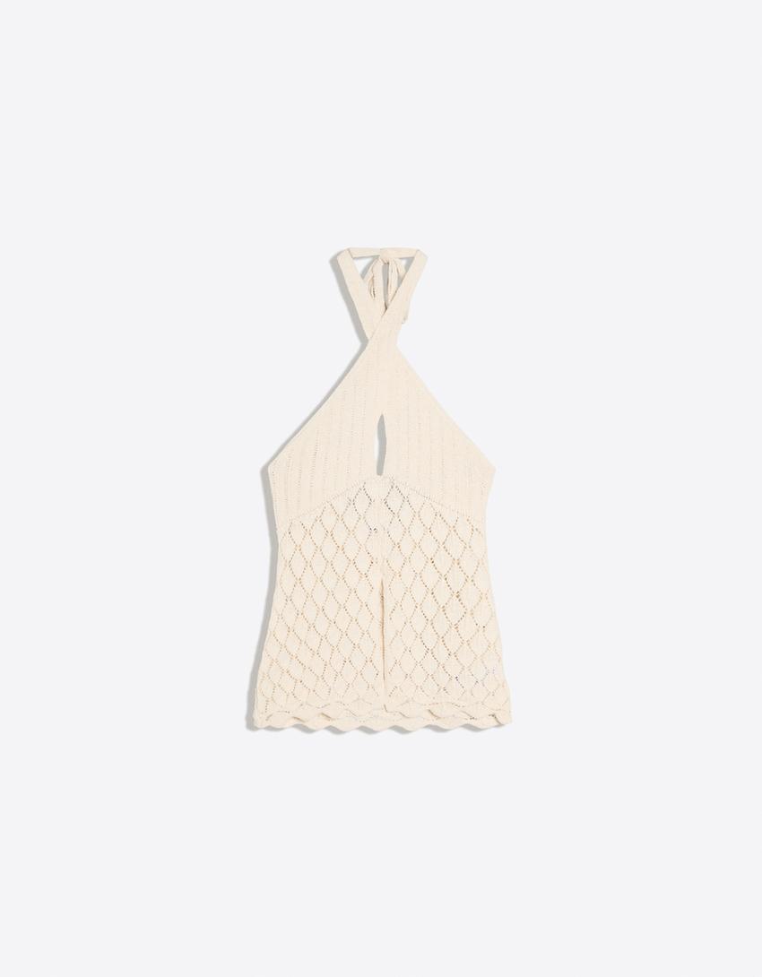 Ajurlu halter yaka bluz-Krem